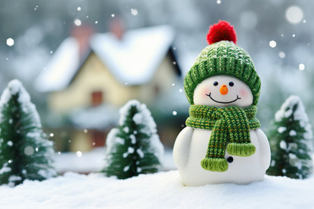 Snowman in a green knitted hat, scarf, and mittens on the background of a house in the snow. Generative AIの素材