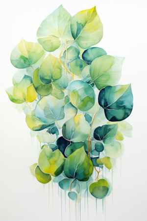 Eucalyptus leaves. Watercolor painting on canvas. Generative AIの素材