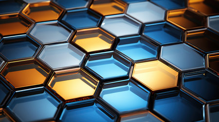 3d rendering of abstract background made of metal hexagons in orange and blue colors. Generative AIの素材