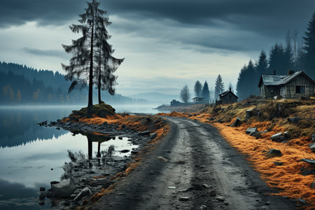 Foggy morning in the mountains. Landscape with lake and forest. Generative AIの素材