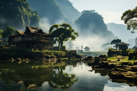 Beautiful landscape in the morning at Khao Sok National Park, Thailand. Generative AIの素材