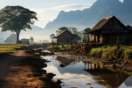 Rice paddies in the morning, Vang Vieng, Laos. Generative AIの素材
