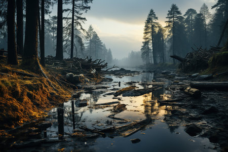 Foggy morning on the river in the coniferous forest. Generative AIの素材