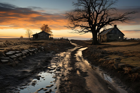 Dramatic sunrise over an old farmhouse in the countryside of Scotland. Generative AIの素材