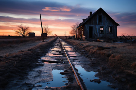 Railway tracks and old abandoned house at sunset in rural Colorado. Generative AIの素材