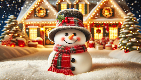Snowman in front of a beautiful Christmas house with lights in the background. Generative AIの素材