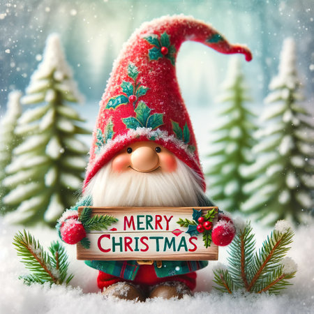 Christmas Greeting Card. Santa Claus with a wooden sign Merry Christmas. Generative AIの素材