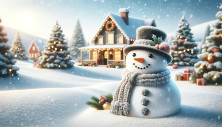 Snowman in front of a house in the forest. Christmas background. Generative AIの素材