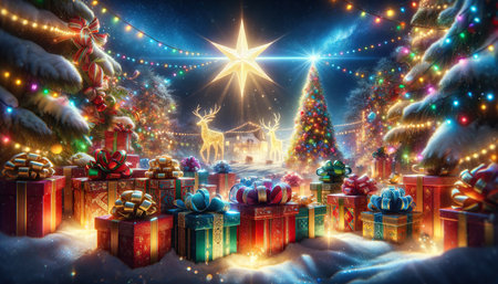 Christmas background with Christmas tree, gifts, and deer. 3d rendering. Generative AIの素材