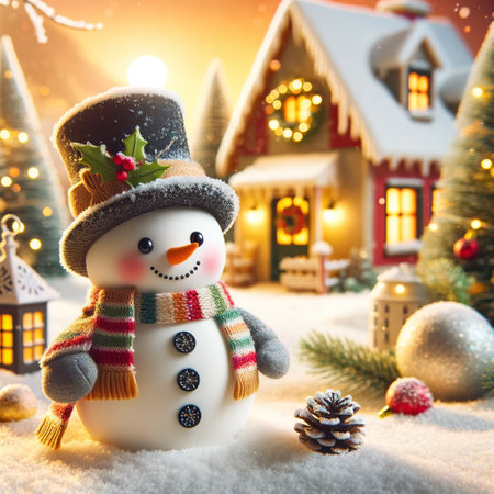 Snowman in front of a Christmas village at night. Christmas background. Generative AIの素材