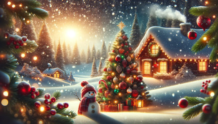 Christmas and New Year holiday background. Christmas tree, snowman, and house in the snow. Generative AIの素材