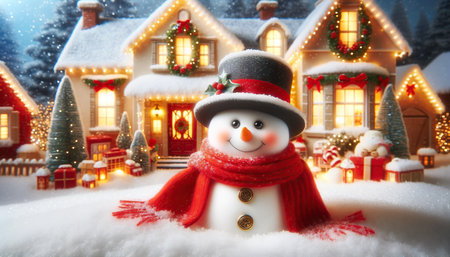 Christmas greeting card. Cute funny snowman with a red scarf and hat on the background of a cozy winter village. Generative AIの素材