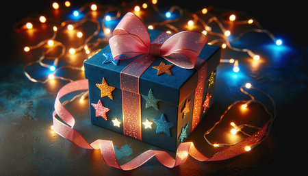 Gift box with red ribbon and Christmas lights on dark background. Generative AIの素材