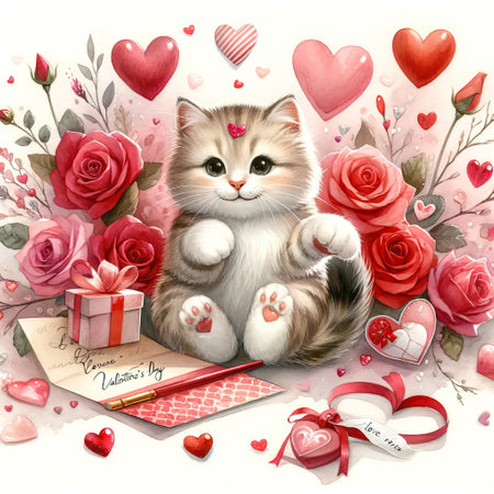 Valentine's card with a cute kitten, hearts, and gift box. Generative AIの素材