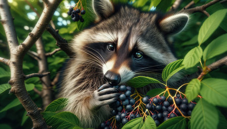 Raccoon with blueberries in the forest. Raccoon eating berries. Generative AIの素材
