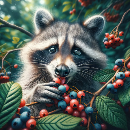 Cute raccoon with berries in the forest. Wild animal. Generative AIの素材