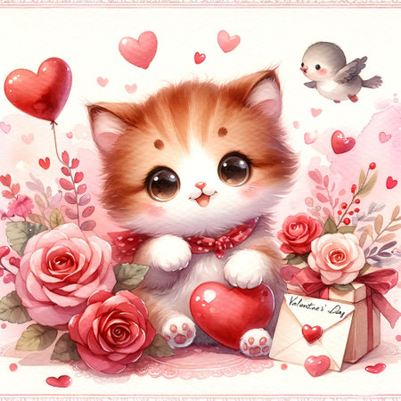 Valentine's card with cute cat and hearts. Watercolor illustration. Generative AIの素材