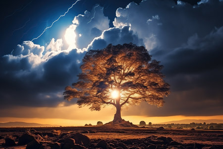 Lonely tree in the desert at sunset. 3d rendering. Generative AIの素材