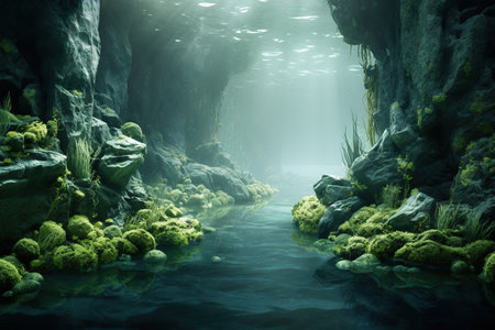 Underwater view of a cave with green algae and sun rays. Generative AIの素材