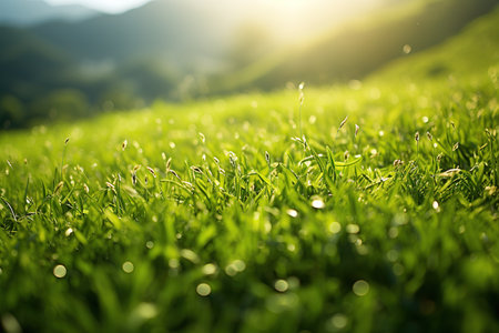 Green grass in the morning light with a bokeh effect. Natural background. Generative AIの素材