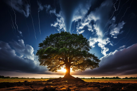 Conceptual image of the stormy sky with lightning striking a tree. Generative AIの素材