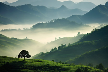 Beautiful landscape of tea plantation in the morning at sunrise, Thailand. Generative AIの素材