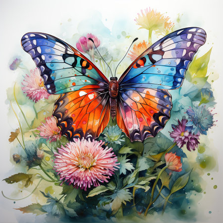 Butterfly with flowers. Watercolor painting. Vector illustration. Generative AIの素材