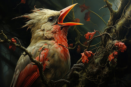 Red cardinal bird on a tree in the forest, 3d illustration. Generative AIの素材