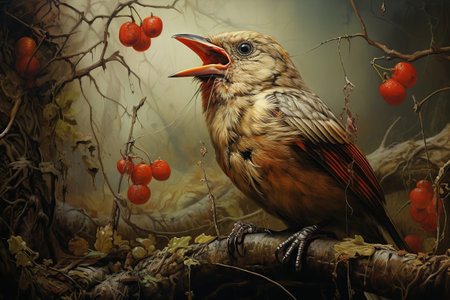 A bird with a red beak eating berries on a branch. Vintage style. Generative AIの素材