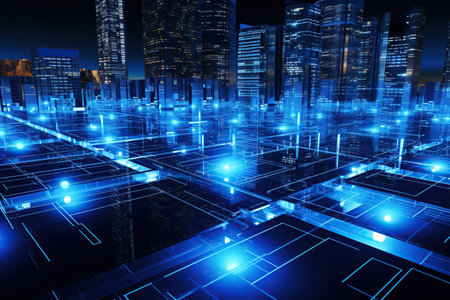 3d rendering of a modern city at night with lights and digital elements. Generative aiの素材