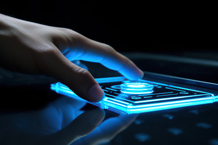 Man's hand pushing on a touch screen smartphone with blue light. Generative aiの素材