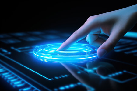 Hand touching a button on a touch screen interface. 3d rendering. Generative aiの素材