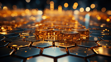 3D rendering of a lot of golden hexagons on a dark background. Generative aiの素材