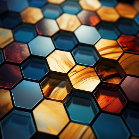 Abstract colorful hexagon background. 3d render illustration with depth of field. Generative AIの素材