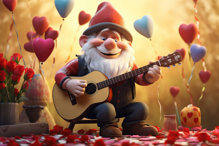 Garden gnome playing guitar on Valentine's Day. Generative AIの素材