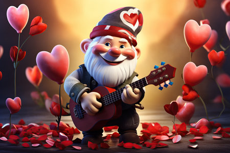 3d illustration of Santa Claus playing ukulele and red hearts. Generative AIの素材