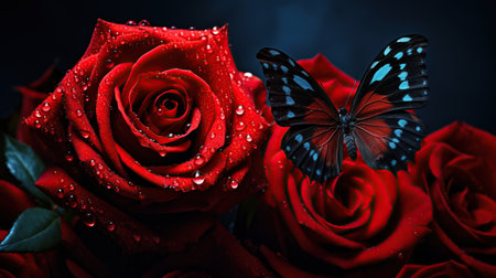 Beautiful red roses and a butterfly on a dark background, close-up. Generative AIの素材