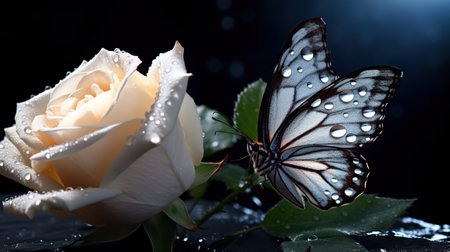 Beautiful white rose and butterfly with water drops on a black background. Generative AIの素材