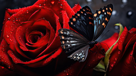 Beautiful red roses and a butterfly on a dark background, close-up concept. Generative AIの素材