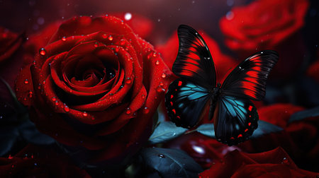 Beautiful red roses with water drops and butterfly, Valentine's Day background. Generative AIの素材