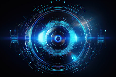 The abstract blue circle on a black background. Technology concept. 3D Rendering. Generative AIの素材