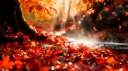 An enchanted creek bed blanketed with vivid red maple leaves, bathed in the warm glow of autumn sunlight. Generative AIの素材