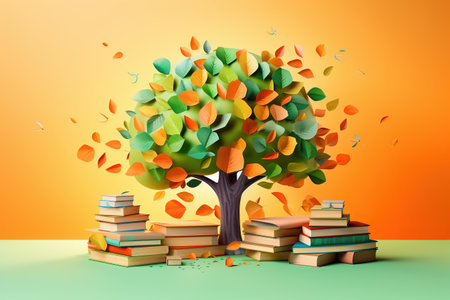 Vibrant illustration of a tree with multicolored leaves sprouting from piles of books, symbolizing the growth of knowledge. Generative AIの素材
