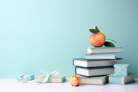 A neatly arranged stack of books with a ripe apple on top, accompanied by elegant gift boxes on a soft blue background, suggesting a theme of education and appreciation. Generative AIの素材