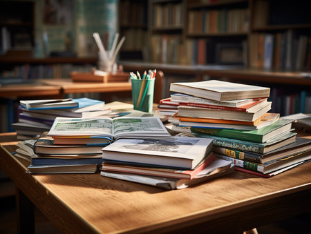 Piles of assorted books on a wooden table, bathed in the soft glow of natural light, capturing the essence of a peaceful library. Generative AIの素材