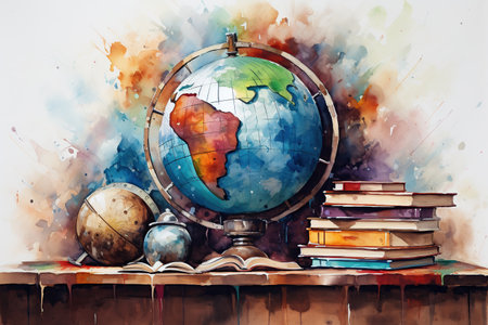 Expressive watercolor painting showcasing a collection of globes and books on a desk, symbolizing global education and exploration. Generative AIの素材