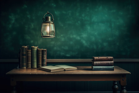 Antique books stacked beside a glowing lantern on a rustic wooden table against a dark teal wall, evoking a classic reading ambiance. Generative AIの素材