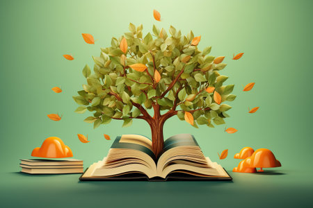 Artistic illustration of a tree with green leaves growing from an open book, flanked by orange hard hats, symbolizing knowledge in the field of construction and safety. Generative AIの素材