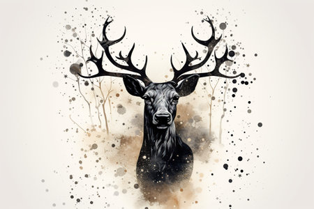 Artistic representation of a stag with intricate antlers against a splattered ink background in a monochrome palette. Generative AIの素材