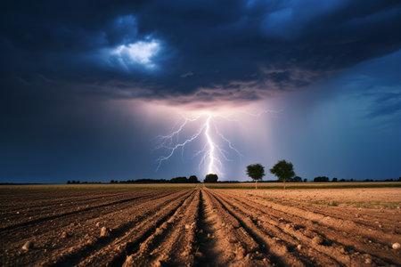 Dramatic night sky with a powerful lightning strike illuminating a freshly plowed agricultural field and solitary trees. Generative AIの素材